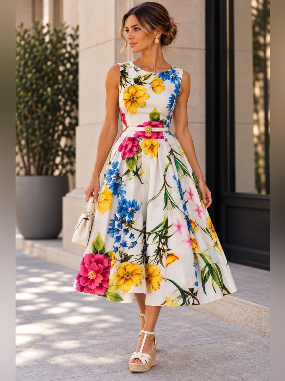 Karl Lagerfeld White Dress with Pink, Yellow & Blue Floral Print